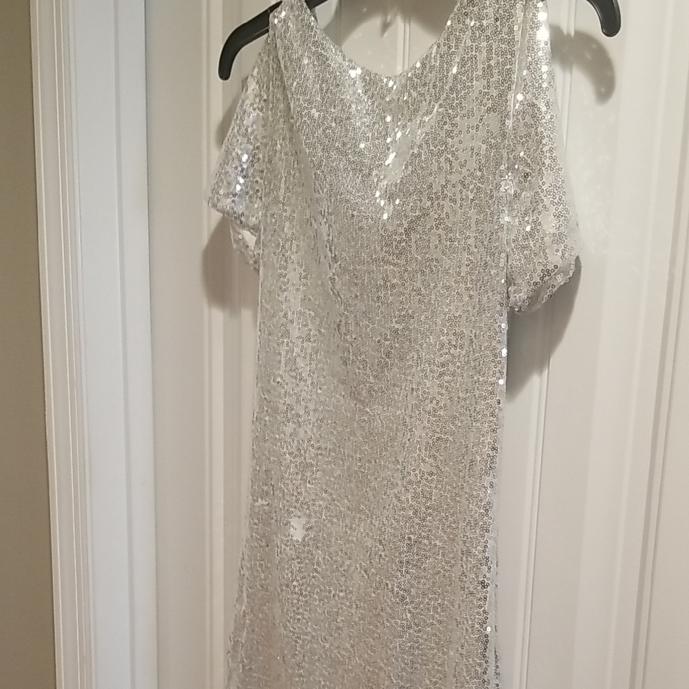 BOGO Sequin Silver Dress with low back and cold shoulder accents.